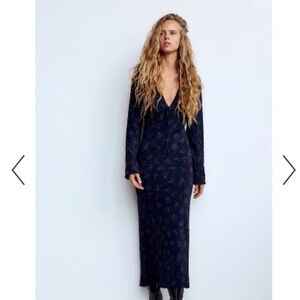Zara Navy Maxi Dress with Brown Floral Motif